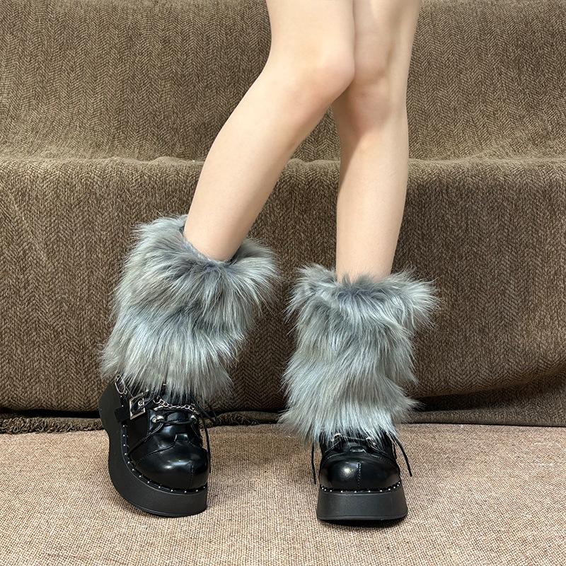 25-40cm Black White Grey Vintage Faux Fur Leg Warmers Winter Warm Furry Boots Cover for Women Sock Punk Jk Cosplay Accessories