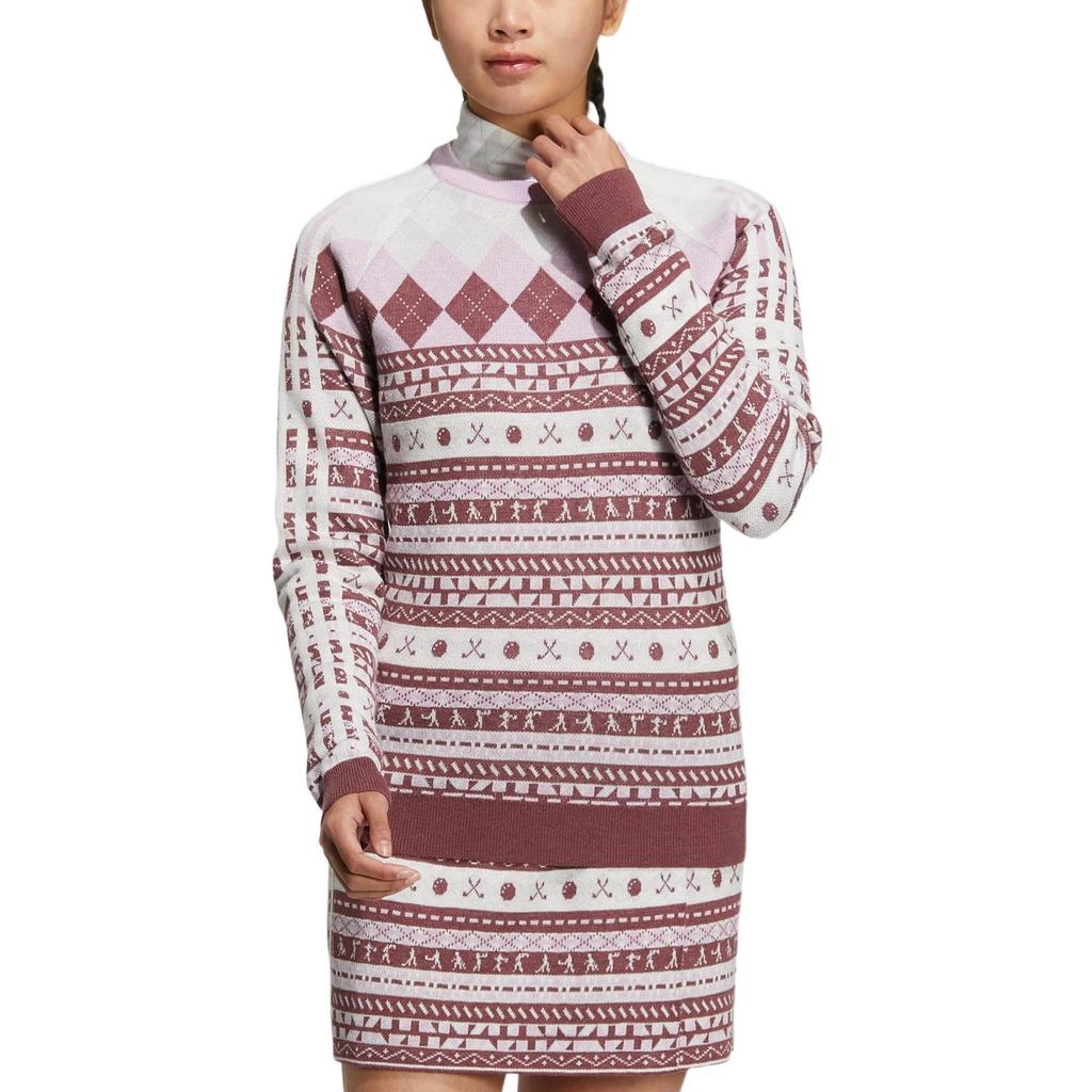 Adidas Round Neck Pullover Pattern Print All Over Brand Logo Embroidery Knit Sweater Women Sweater Light-Deep-Red HG8213
