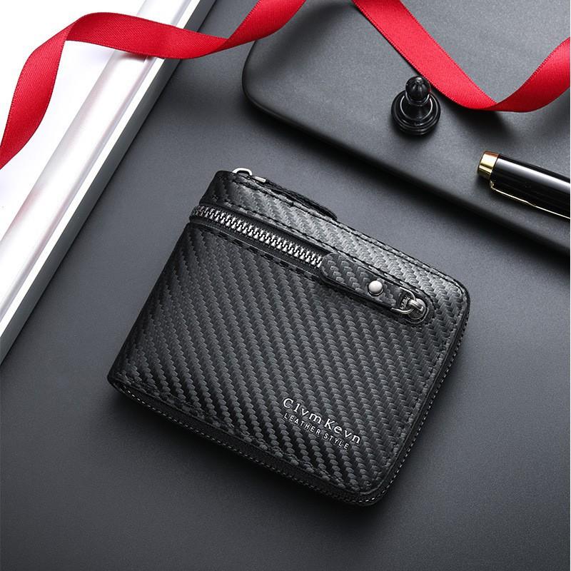 

Короткий мужской кошелек из углеродного волокна, большая вместимость, на молнии, отделение для мелочи, тонкий, модный, для денег и карт 12x2x10 чёрный