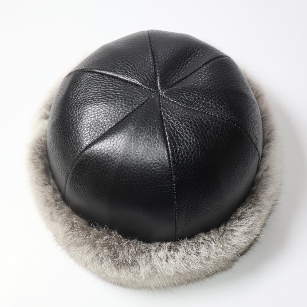 New Winter Real Rabbit Fur Hat Unisex Natural Real Cow Leather Fedoras Hats Women Outdoor Warm Real Rabbit Fur Caps