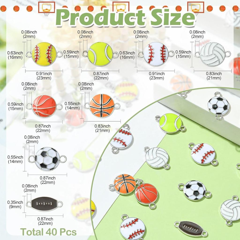 DanLingJewelry 40 Pieces 8 Various Style Ball Connectors Charms Enamel Basketball Football Volleyball Pendants Football Sports Pendants for Jewelry