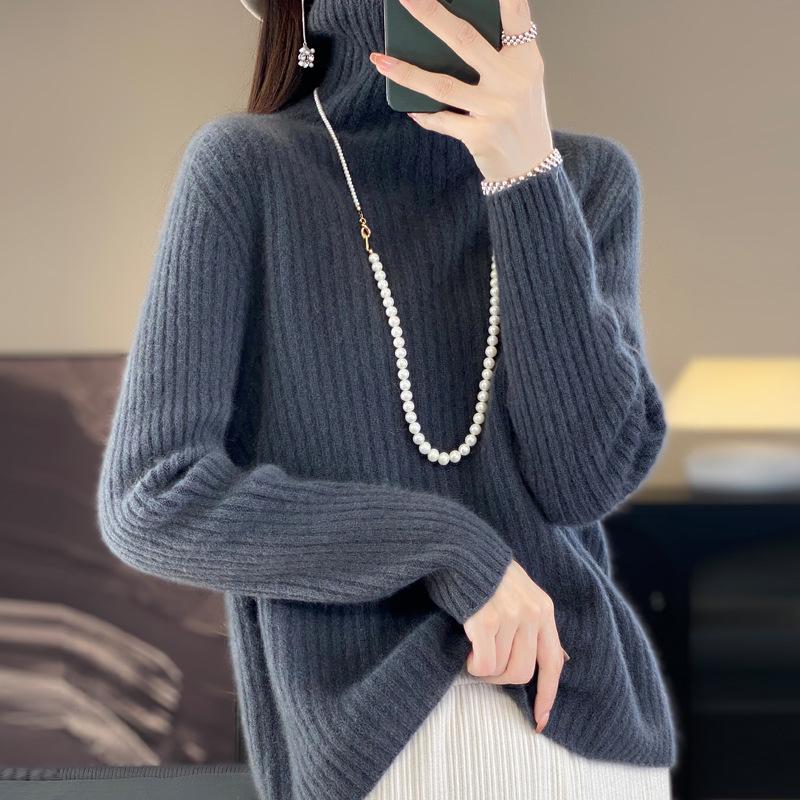 Women's High-Neck Wool Sweater: Seven-Needle Double-Strand, Thickened Vertical Rib Knit, Loose Fit, Long-Sleeved Autumn/Winter Base Layer.