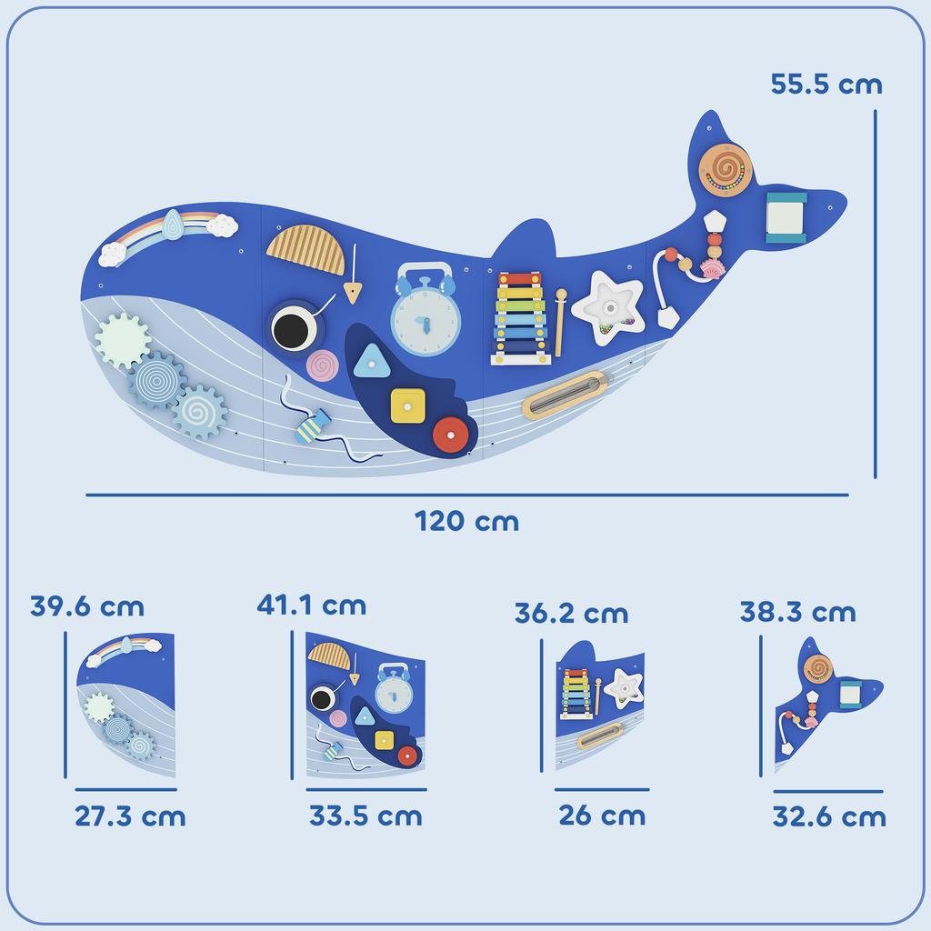 Aktivitní stěna s velrybou, Hračka na stěnu 13 v 1, Montessori inspirovaný senzorický panel do herny, školky, pro kluky i holky od 2 let, Modrá