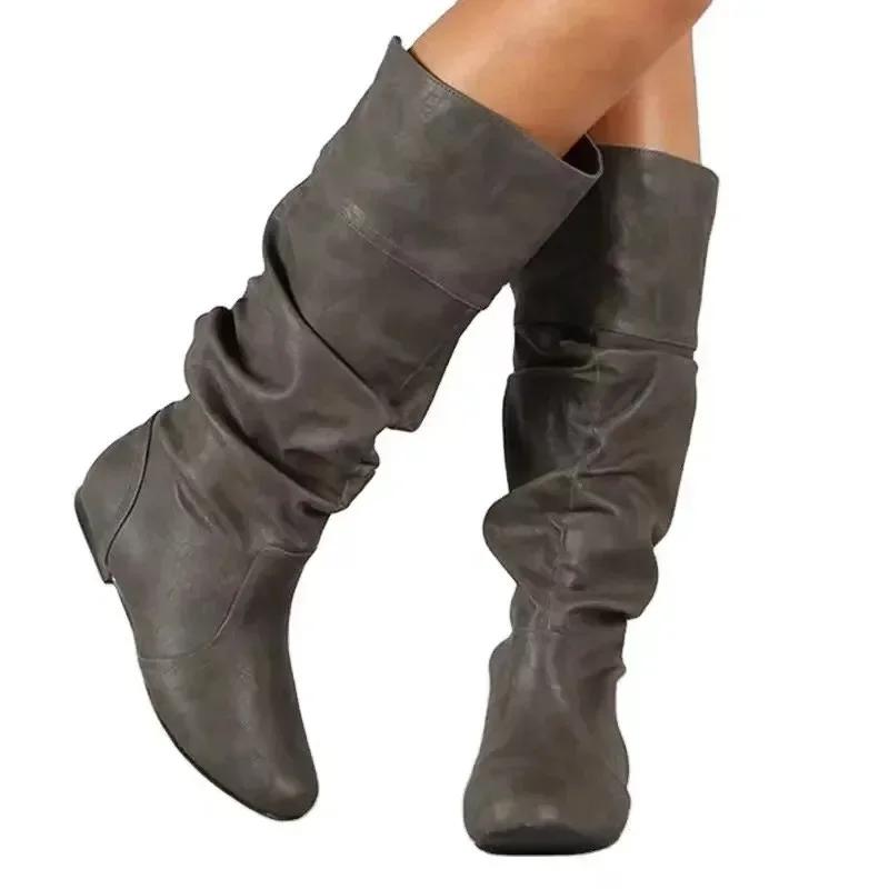 Women's Shoes 2025 Hot Sale Sleeve Women's Boots Autumn Winter Round Toe Solid High Tube Low-heeled Plus Size Western Boots