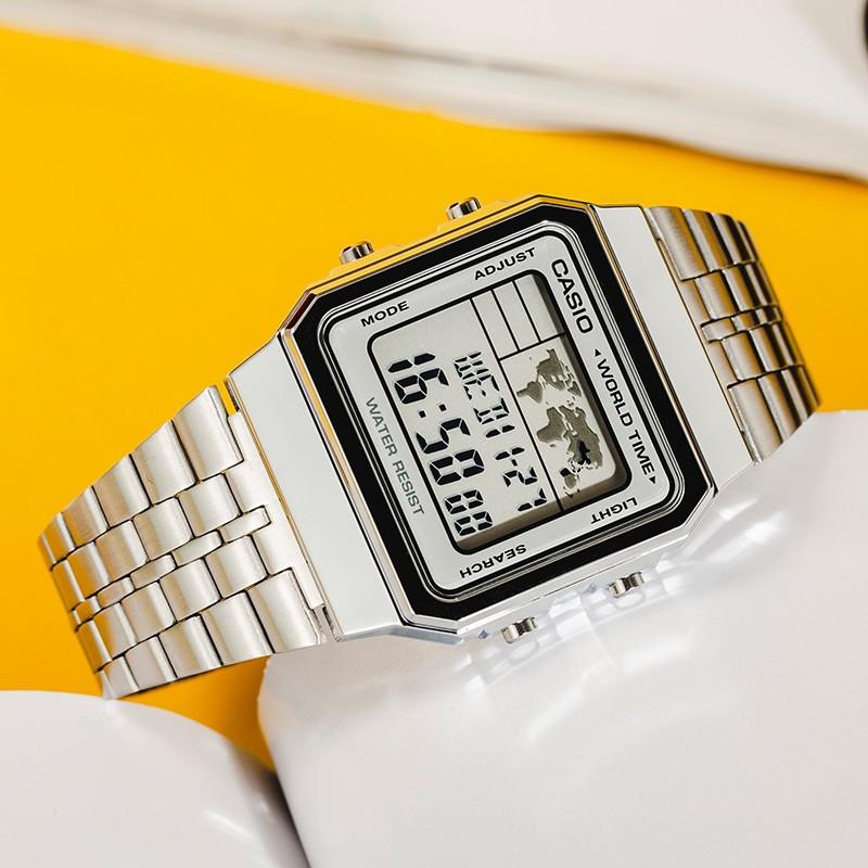 Casio Youth Series Vintage Standard Classic Small Silver Block Square Retro Waterproof Quartz Movement Stainless Steel Strap Unisex watches A500WA-7