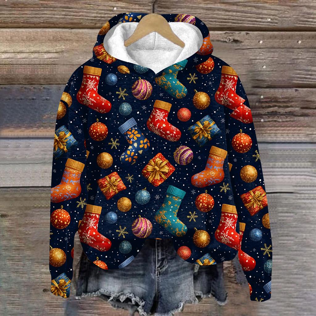 Women's Fashion Long Sleeve Christmas Print Loose Hooded Sweatshirt Top