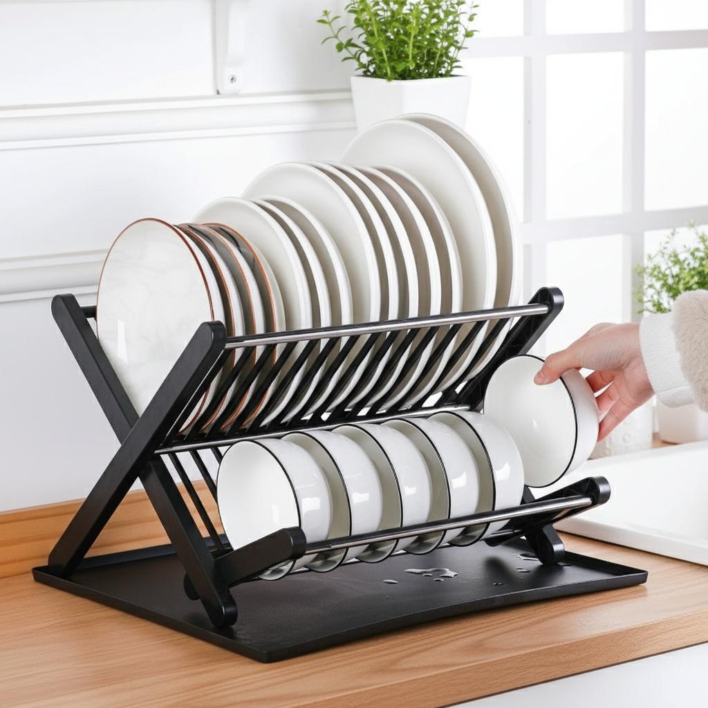 Double Layer Kitchen Dish Rack Foldable No Installation Drainage Storage Utensil Organizer