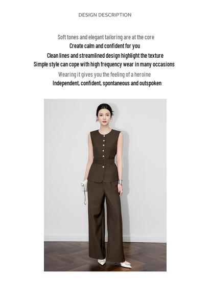 Elegant Silver Buckle Vest & Commuter Wide-Leg Pants Set for Women - Autumn Collection