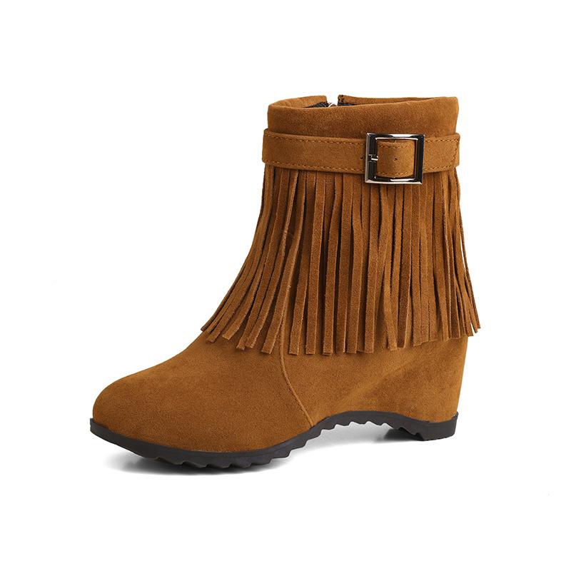 Large Size - Martin Boots Inner Heightening Brown Tassel Short Boots Short Suede Round Head