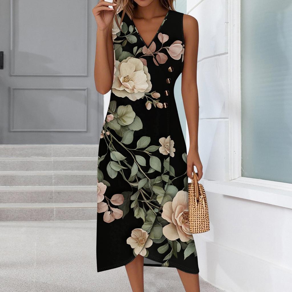 Women's Casual V-Neck Spring/Summer Sleeveless Button Retro Print Dress