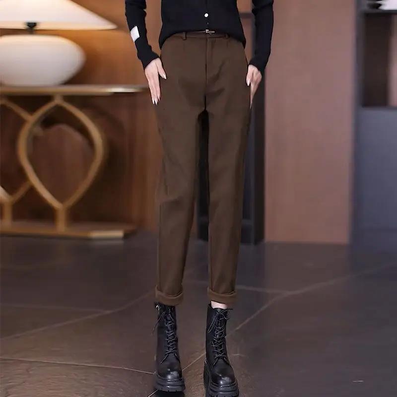 

Женские однотонные брюки прямого кроя на осень и зиму, узкие, на пуговицах, модные, повседневные, формальные, офисные, универсальные L коричневый