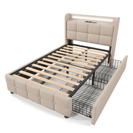 LED Light Bed Soft Cushion Headboard Upholstered with 2/4 Drawers USB Charging Metal Basket Strong Wood Slat Support Bedroom Furniture Teen