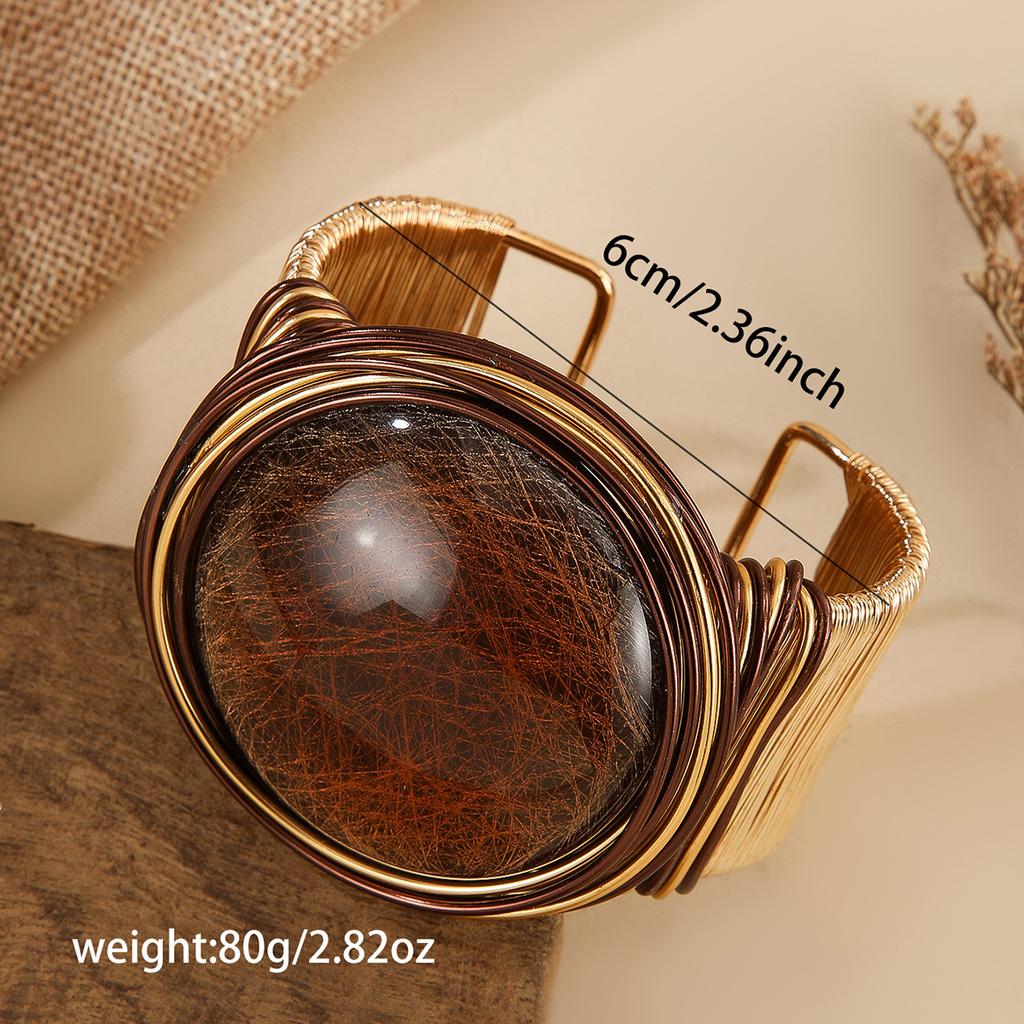 New Design Fashion Geometric Round Resin Big Gems Aluminum Wire Handmade Wrapped Wide Cuff Bracelet For Women Party Accessories