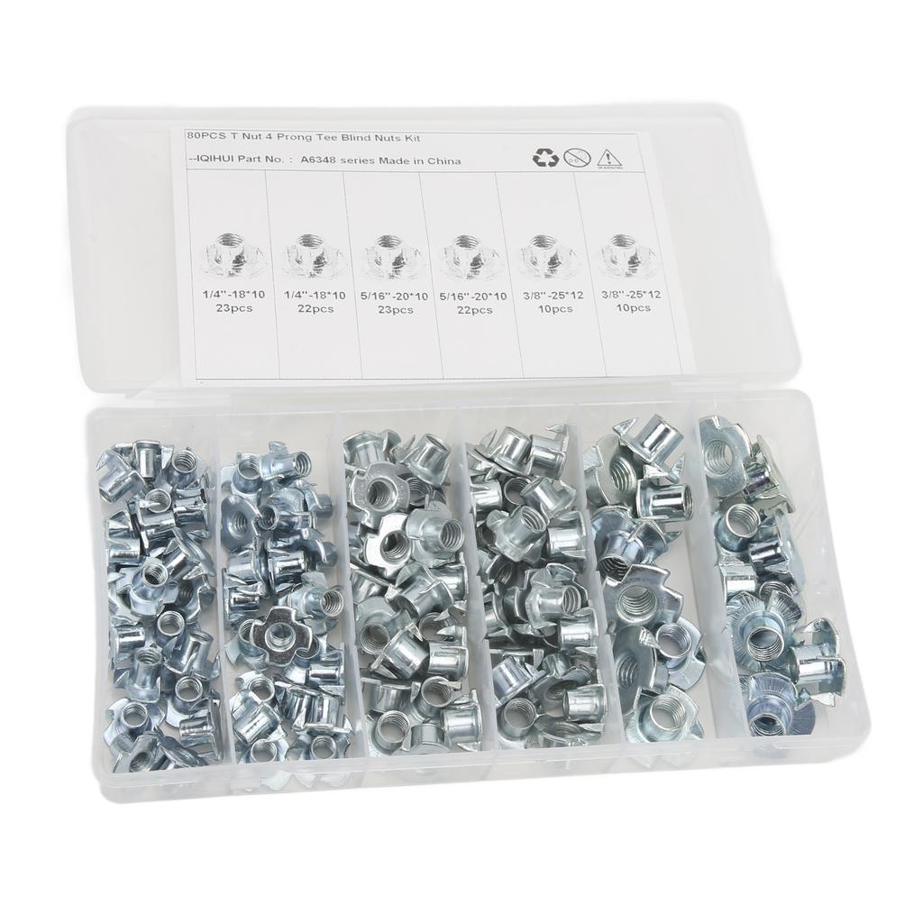 110Pcs T Nuts 1 4in 5 16in 3 8in Steel Corrosion Resistant Galvanized Rustproof Pronged Tee Nut
