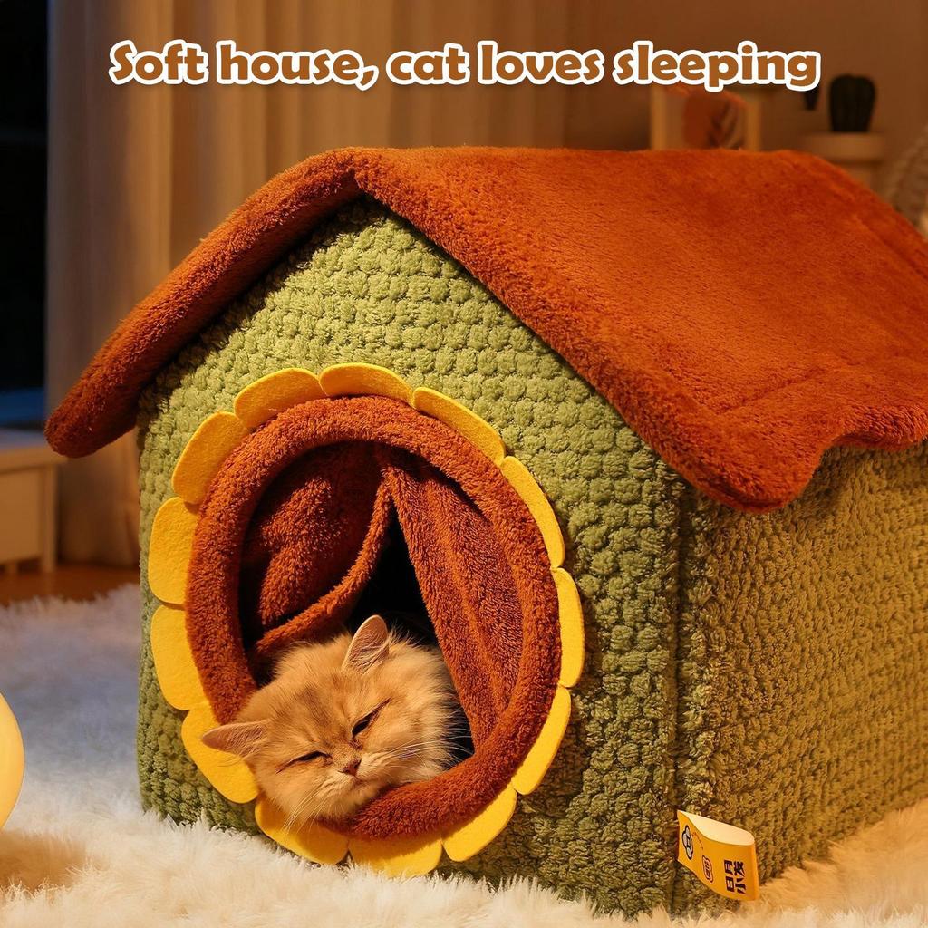 winter Sunflower warm cat bed Washable puppy bed enclosed cat house cave foldable detachable cats sleeping bed with door curtain