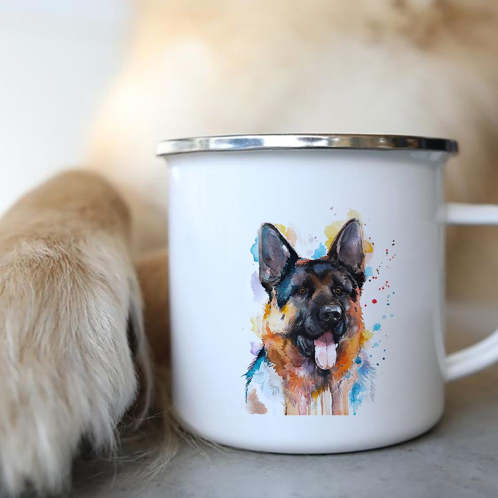 Coffee Tea Mugs Camping Adventure Beer Drink Juice Cups German Shepherd Print Creative Enamel Mug Handle Love Dog People Gifts