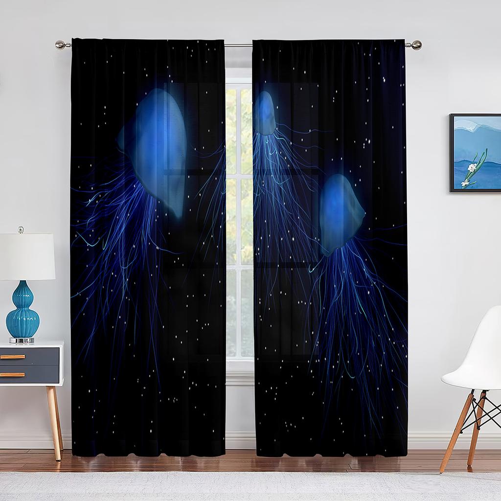 Jellyfish In The Deep Ocean Window Tulle Curtains Foamy Dreamy Blue Ocean Sheer Voile Curtain for Living Room Bedroom Decoration