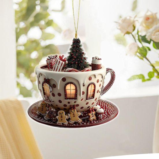 Yousheng 4 Pcs 2D Acrylic Christmas Ornament Cup Shaped Hot Cocoa Hanging Ornaments Snow Village House Xmas Tree Decoration for Tree Car Decor