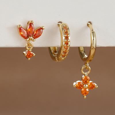 3PCS Fashion Orange Blue Zircon Hanging Earrings Set for Women Stainless Steel Flower Dangle Earring Piercing Jewelry