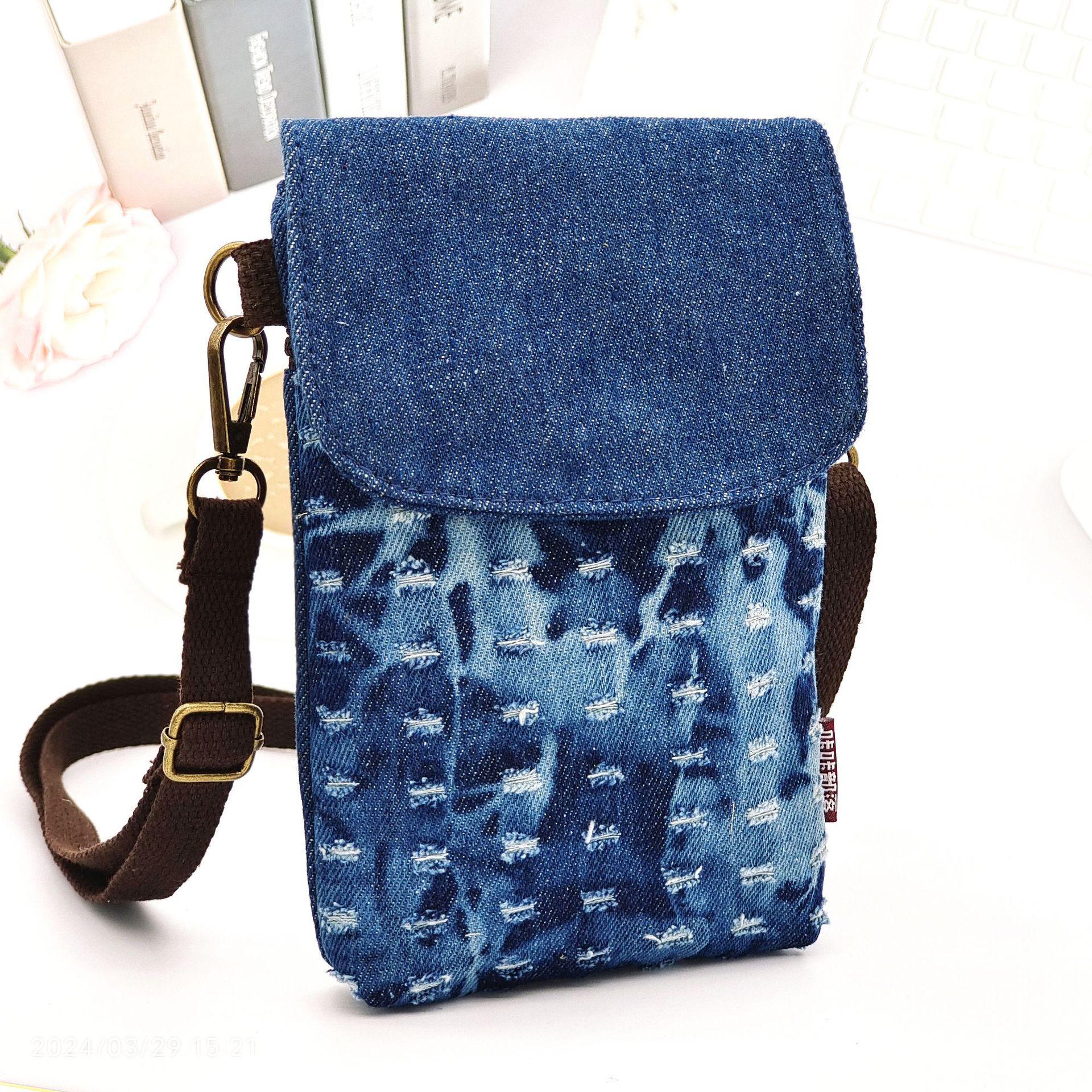 

Denim Ripped Crossbody Small Bag - Cloth Art Large Screen Mobile Phone Bag
