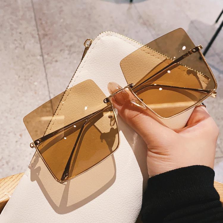 Metal Cut-Edge Semi-Rimless Oversized Square Sunglasses - 2021 Retro Style for Women's Round Faces, Celebrity-Favored.