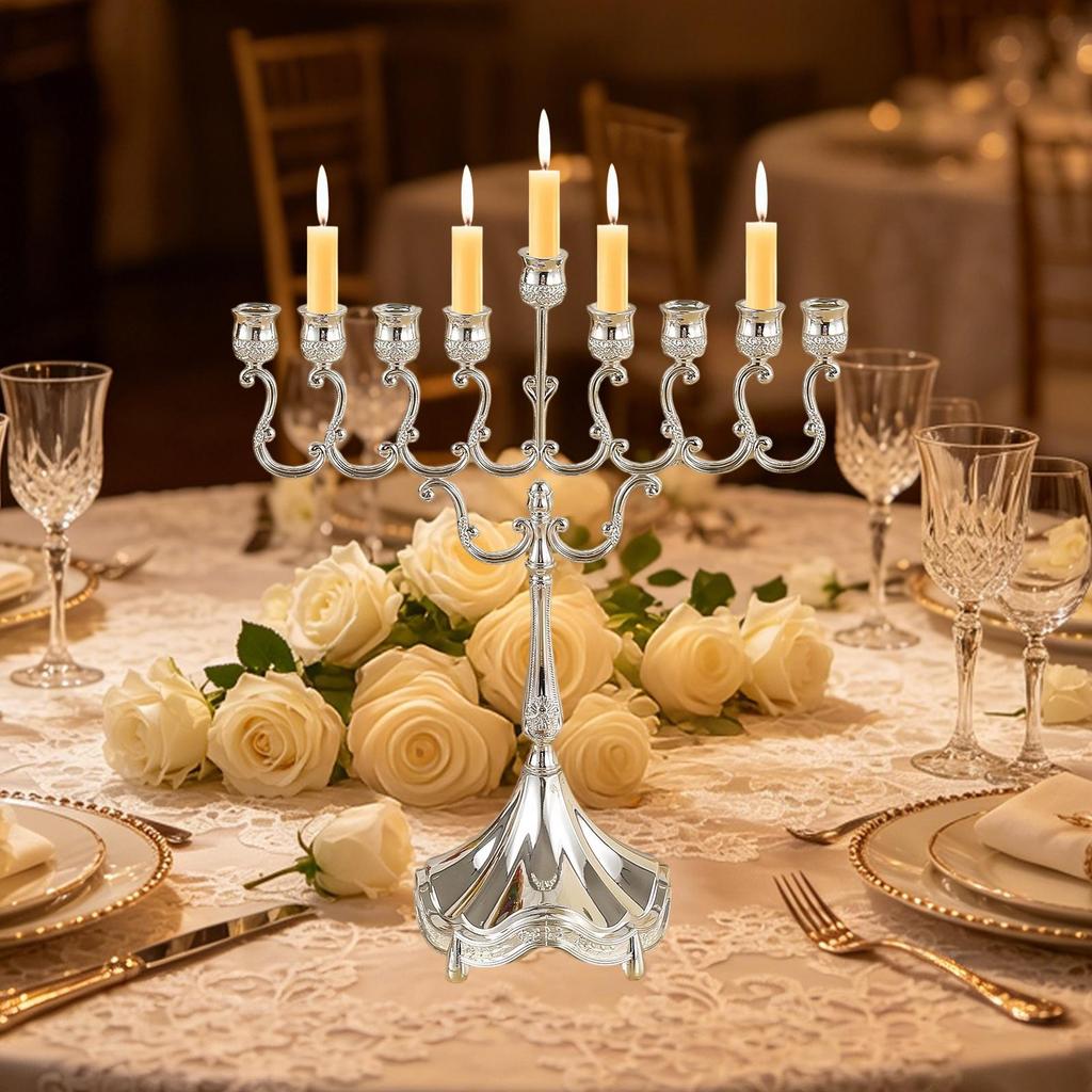Nine Branch Candelabra Zinc Alloy Menorah Candle Holder Desktop Centerpiece Ornament for Wedding Table Decor