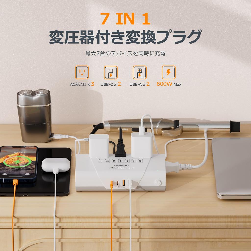 TESSAN 600W Pure Sine Wave Transformer for International 220V to 100V Converter with Type Extension QC30W Fast Compatible with and India Travel,