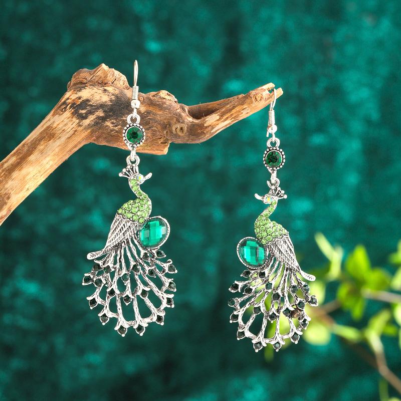 Vintage Ethnic Colroful Rhinestone Peacock Dangle Earrings For Women Long Classic Silver Color Animal Earrings Female Jewelry