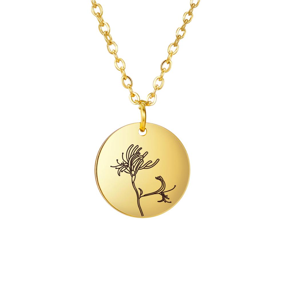 Birth Flower Pendant Necklace Women Stainless Steel Flora Gladiolus Poppy Peony Rose Daisy Necklace Personalized Jewelry