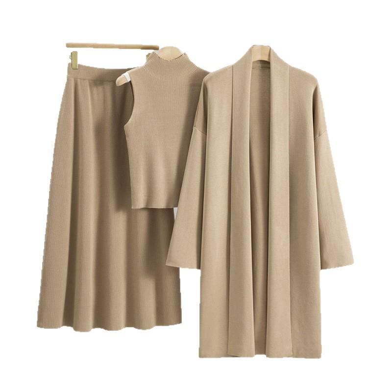 Women's Autumn Winter Knitted Three-Piece Set: Sleeveless Vest, Cardigan Sweater, Midi Skirt.