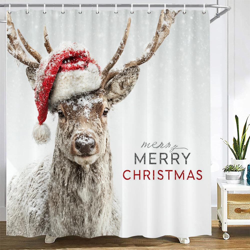 Merry Christmas Shower Curtain Christmas cat and dog Santa Claus Shower Curtains Xmas Printed fabric Decor Bathroom Curtain