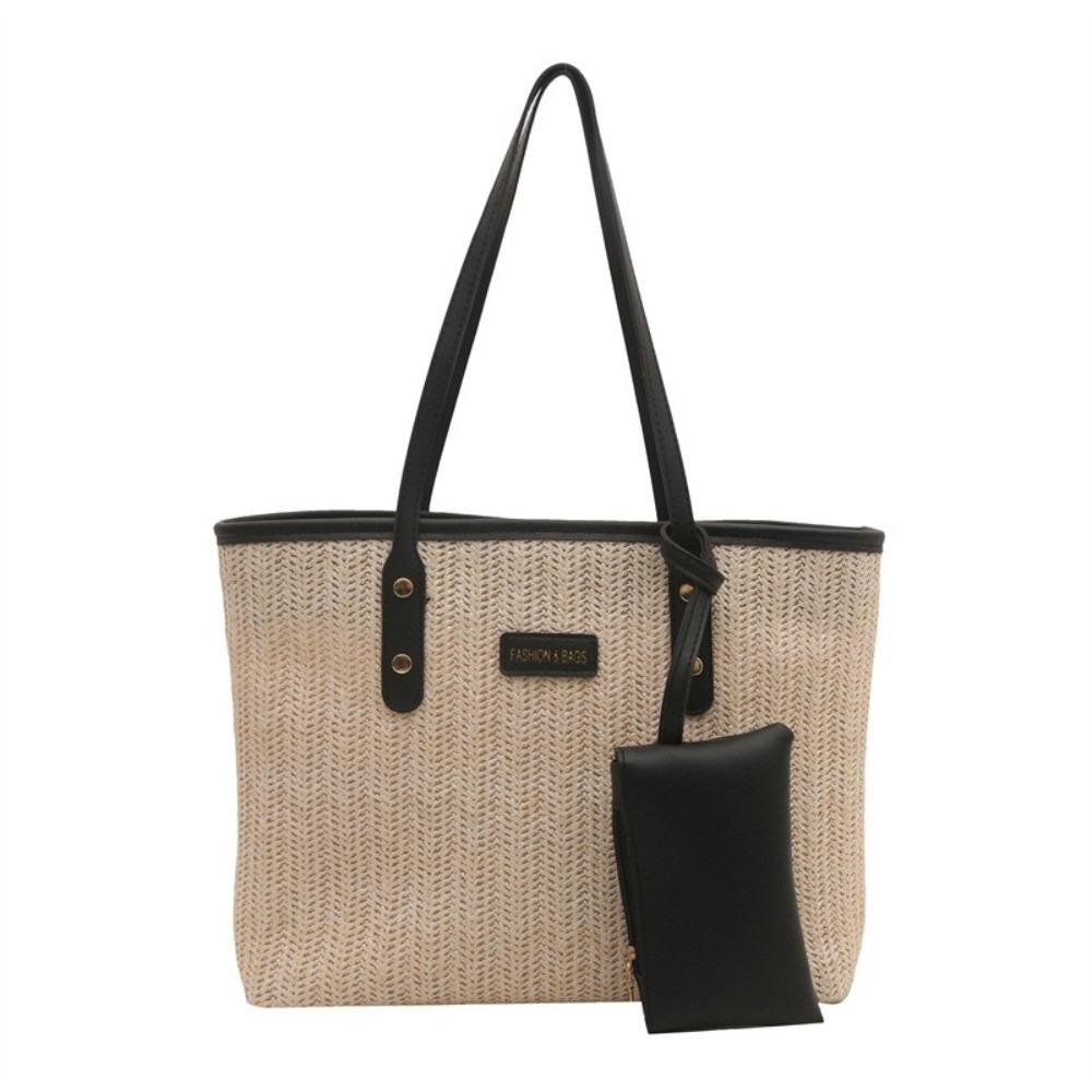 

Large Capacity Weave Tote Bag PU Beach Straw Handbag Casual Straw Shoulder Bag Class чорний