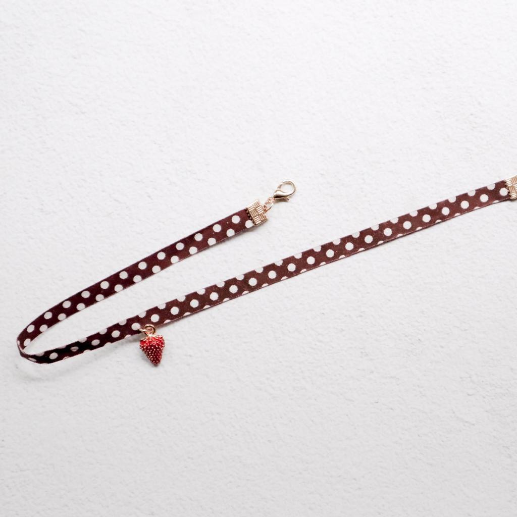 Burgundy Pearl Strawberry Pendant Ribbon Choker Necklace for Women