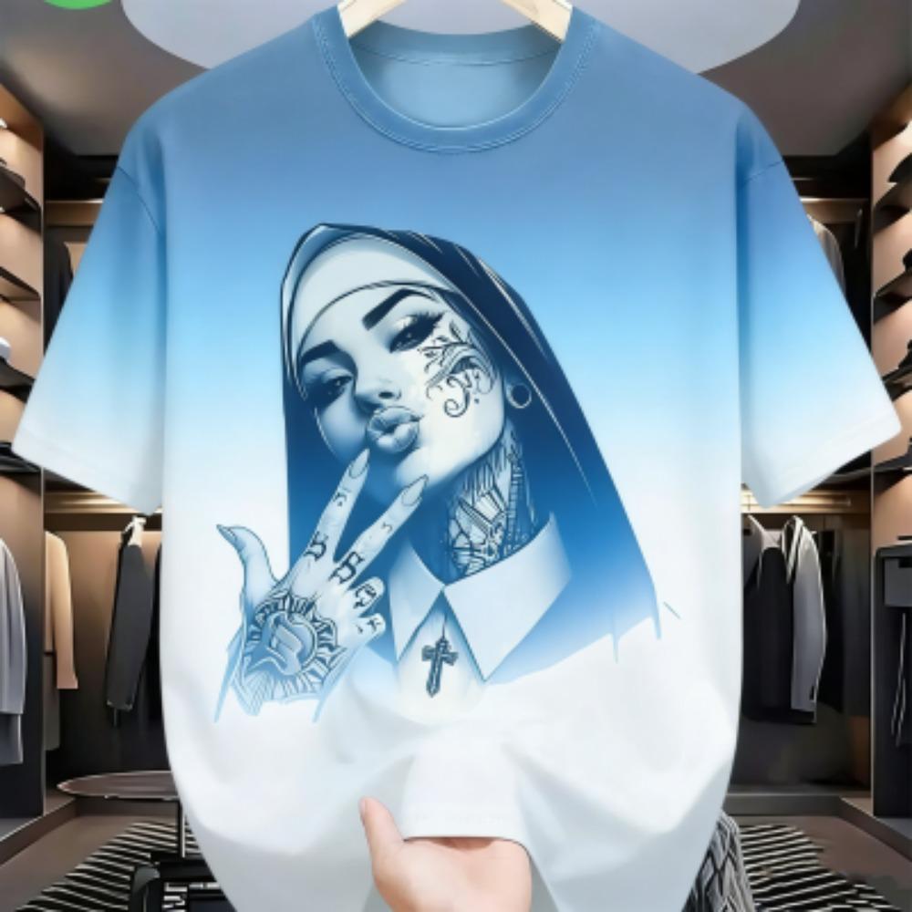 

Summer Fashion Funny Colorful Tattooed Nun Graphic Print Women s T-shirt Summer Casual Loose Short Sleeves Men s and Women s Tees Top XXS