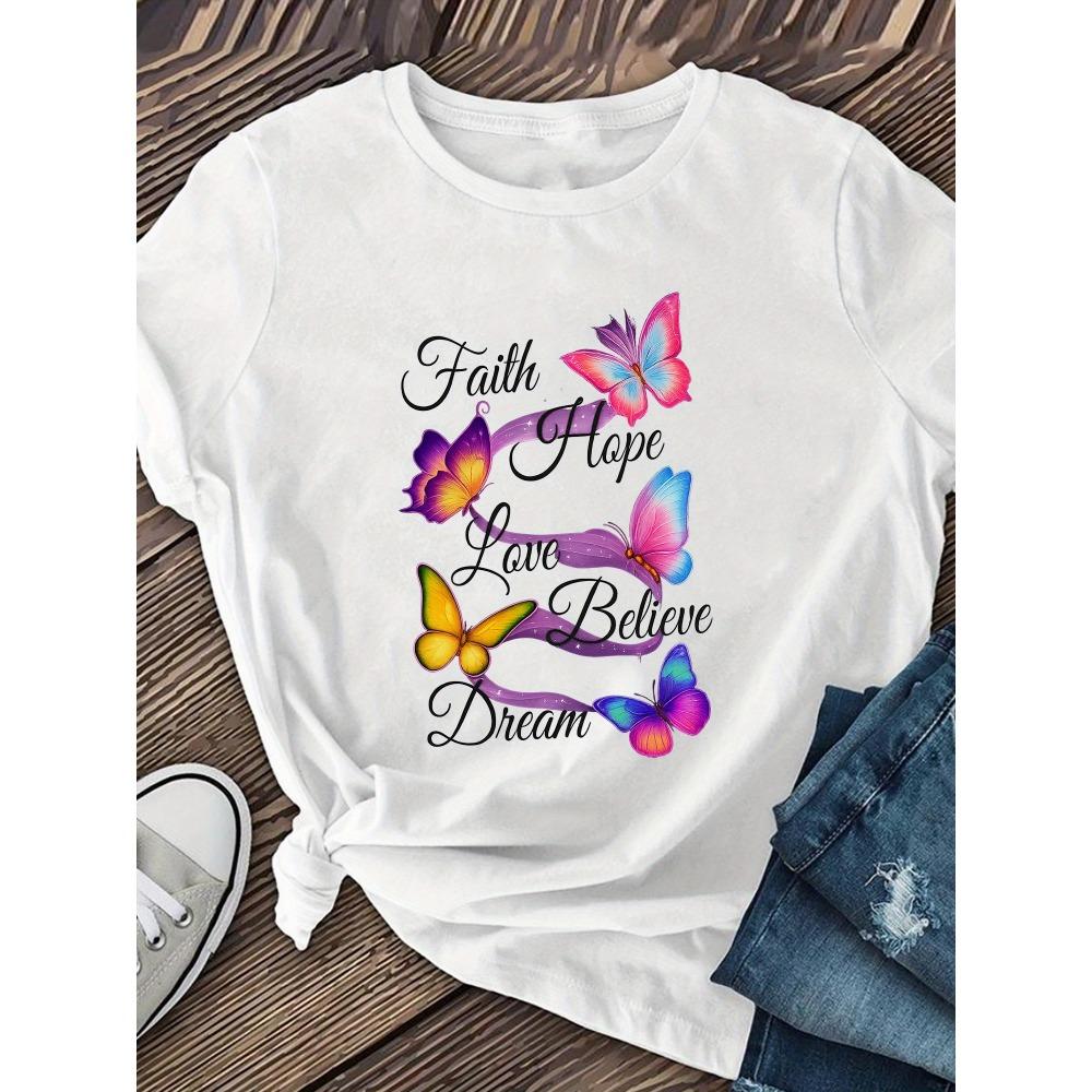 Women Cotton Short Sleeves T-shirts Faith Hope Love Butterfly Women's Tee Inspirational Graphic Positive Top