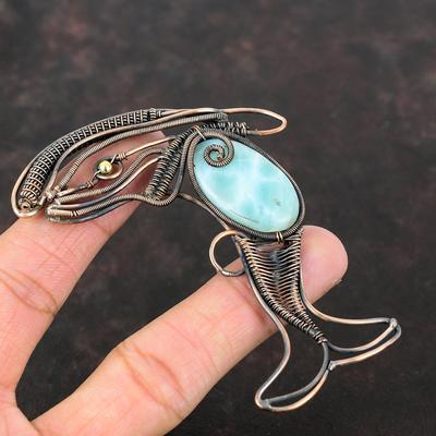 Larimar Anhänger Kupferdraht gewickelter Anhänger Handgefertigter Schmuck Fisch Design Anhänger Natürlicher Edelsteinanhänger Zierlicher Kupferschmuck Geschenk für Ihn