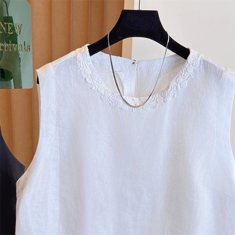 Korean Style Sleeveless Linen Blouse - Women's 2025 Summer Embroidered Round Neck Top