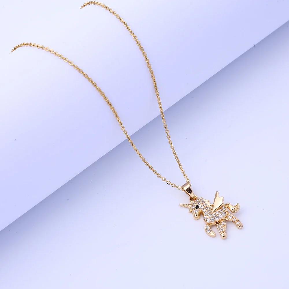 Copper plated electroplated pendant, cute little horse unicorn, fully set with zircon, light luxury women's necklace, no fading,
