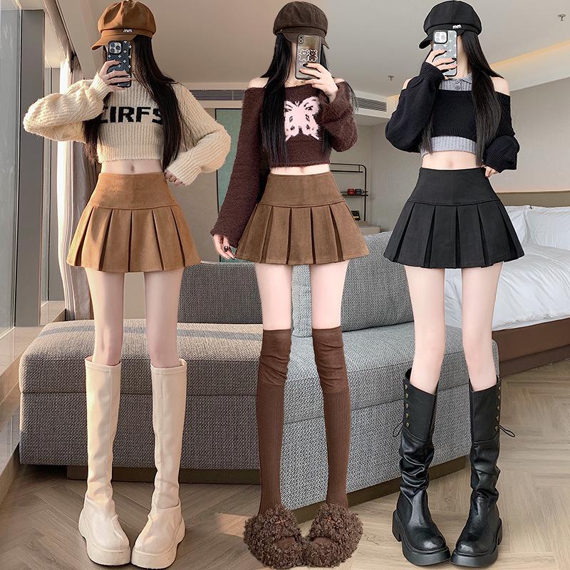 Women's High Waist Suede Pleated A-line Skort - Autumn/Winter Casual Slimming Leather-Look Anti-Exposure Design