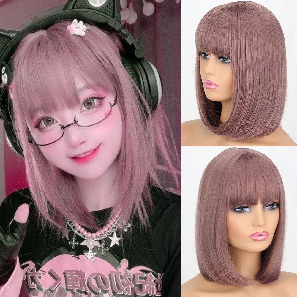 MISS WIG Kurze, glatte Bob-Perücke aus Kunstfaser mit Pony, Weiß, Rosa, Braun, Naturhaar für Damen, für den Alltag, Cosplay