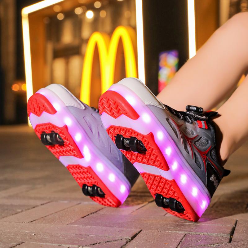 29-40 Lśniące Trampki Dziecięce Buty z Oświetleniem LED Dzieci Chłopcy Dziewczynki Ładowanie USB Świecące Kółka Buty do Parkouru Rolki
