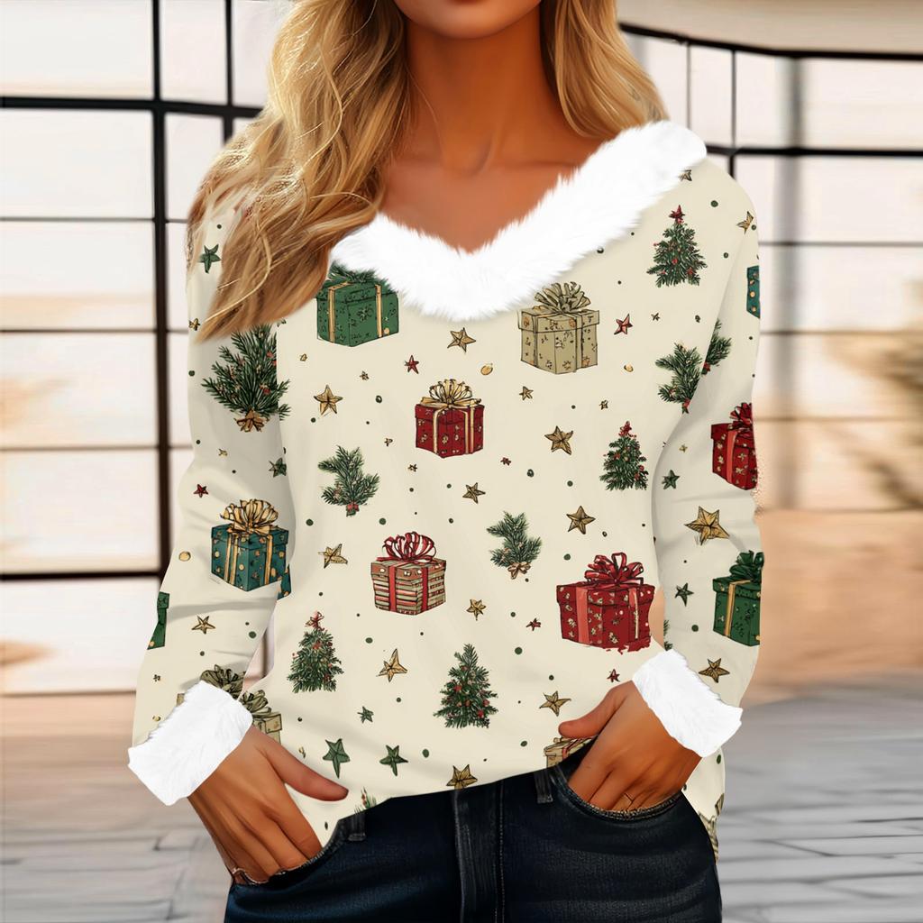 Women's Casual Fashion Long Sleeve Christmas Printed Flannel Collar Top