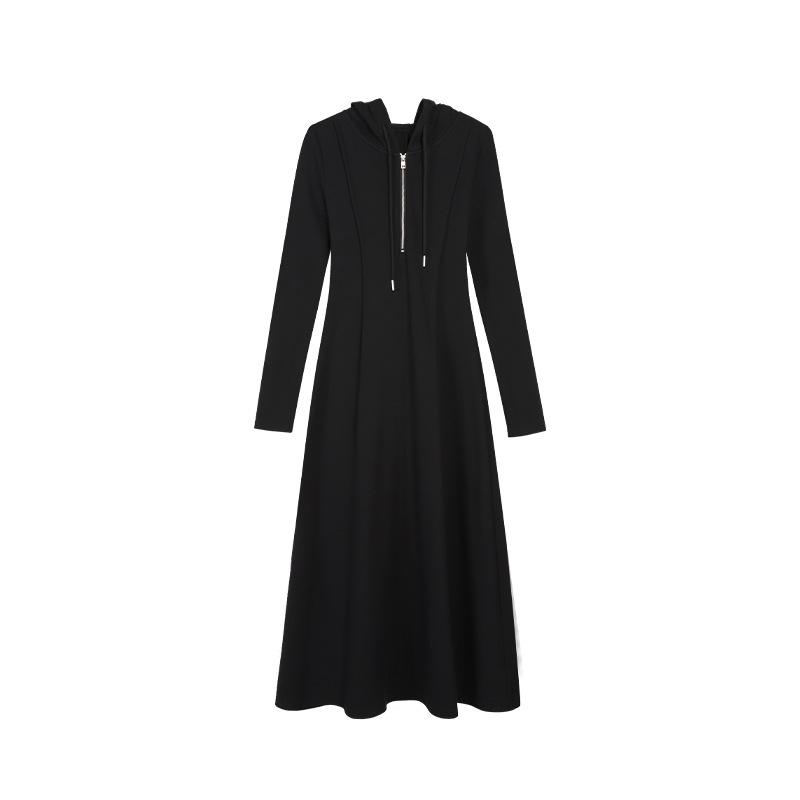 [Tmall Quality] Black Hooded Knitted Dress Women's Casual Niche Design Sense Skinny Sweater Skirt Long