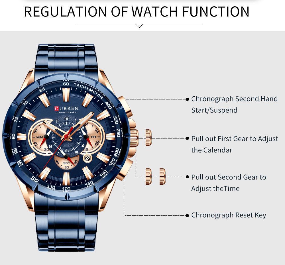 CURREN 8363 Men's Waterproof Quartz Steel Band Watch with Multifunctional Seven-Needle Design and Calendar/Weekday Display.
