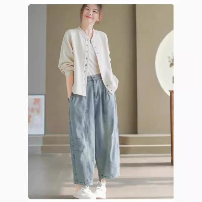 Johnature Woman Autumn Fashion Vintage Style Splicing Washing Loose Pants Korean Elasticated Waist Solid Color Pants