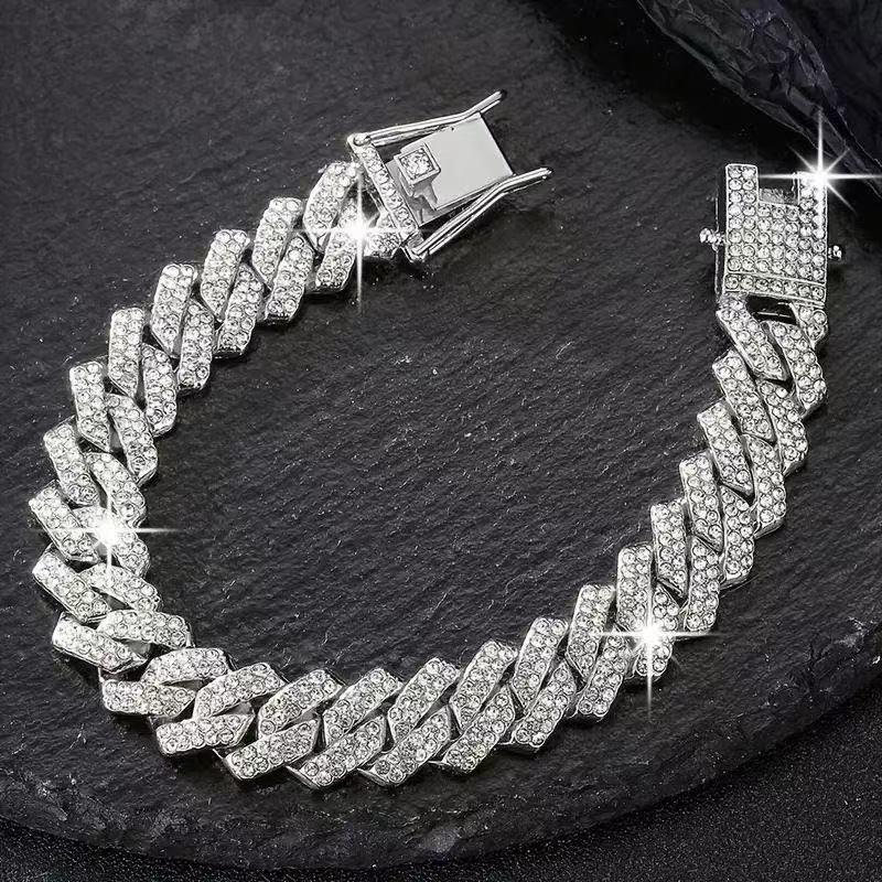 Bracciale Collana Trendy a Catena Cubana 14mm in Lega di Zinco e Strass - Stile Hip-Hop