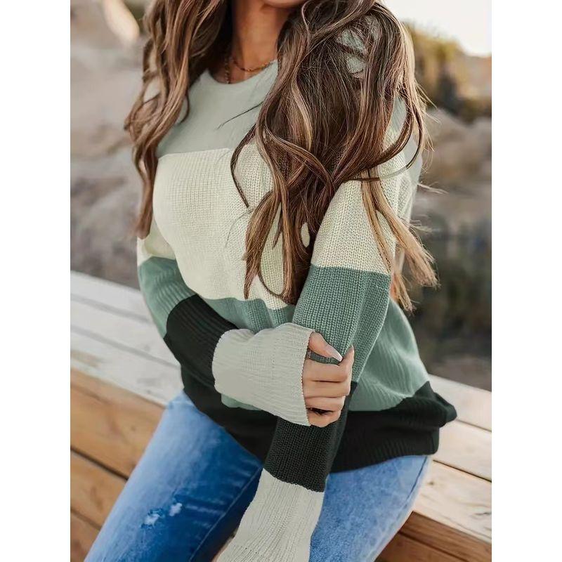 

Fashion round Neck Multicolor Casual Loose Knitting Sweater Color Blocked Loose Knit Sweater Green M