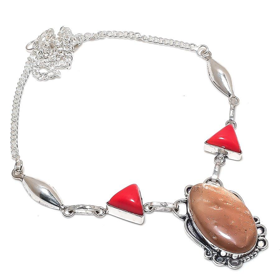 Natural Sunsheen Obsidian, Coral 925 Sterling Silver Jewelry Necklace 18" z4q55