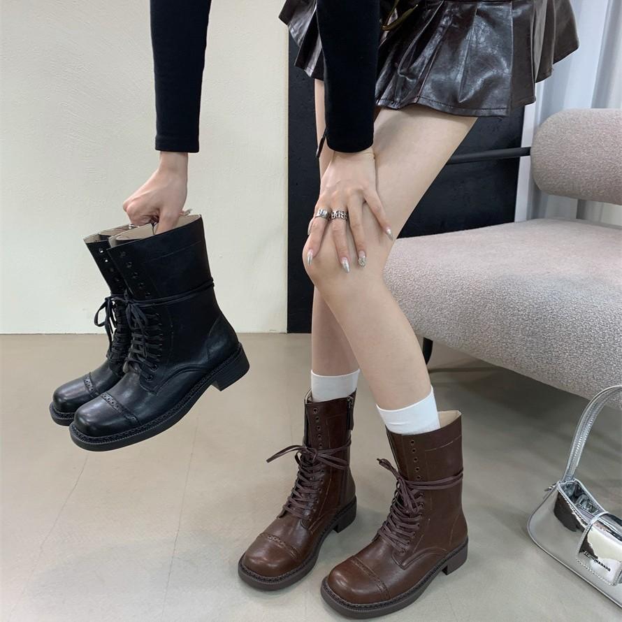 French Catwalk Retro Martin Boots British Style Women's Square Head Cowhide Polished Color Old Medium Tube Lace-up Locomotive Boots