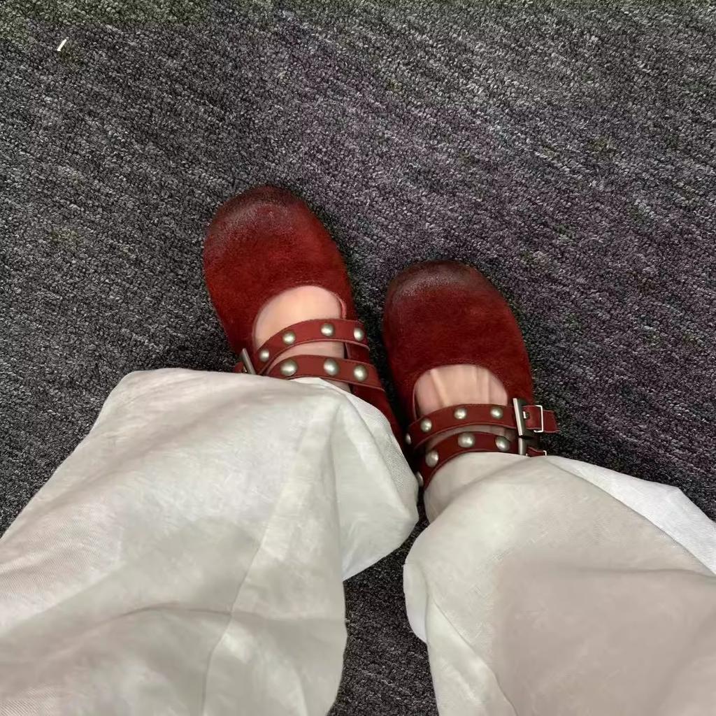Cinnabar Night Walk 2025 Autumn New Light Mouth Versatile Retro Transparent Wax Qin Color Rivet French Mary Jane Shoes Women
